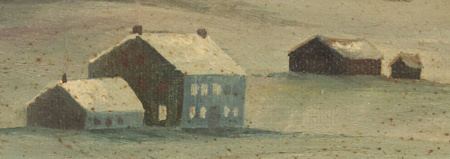 Lot 013 - Vintage Oil On Board Painting Of A Winter Country Scene In The Evening, Titled "December's Twilight," Artist Signed John B. Cabana, Jr., 1962, New Castle, New Hampshire 14-5/8" x 12-3/4"