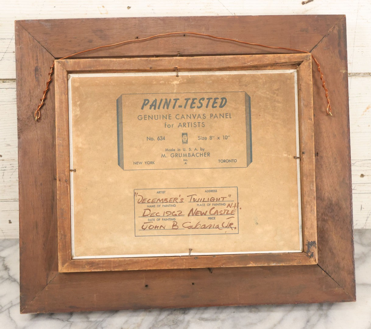 Lot 013 - Vintage Oil On Board Painting Of A Winter Country Scene In The Evening, Titled "December's Twilight," Artist Signed John B. Cabana, Jr., 1962, New Castle, New Hampshire 14-5/8" x 12-3/4"