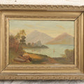 Lot 014 - Antique Oil On Canvas Painting Of A Mountainside Lake Scene With Sailboats, Building At Foot Of Mountain, Likely European, Unsigned, Circa  Mid 19th Century, 17" x 13"