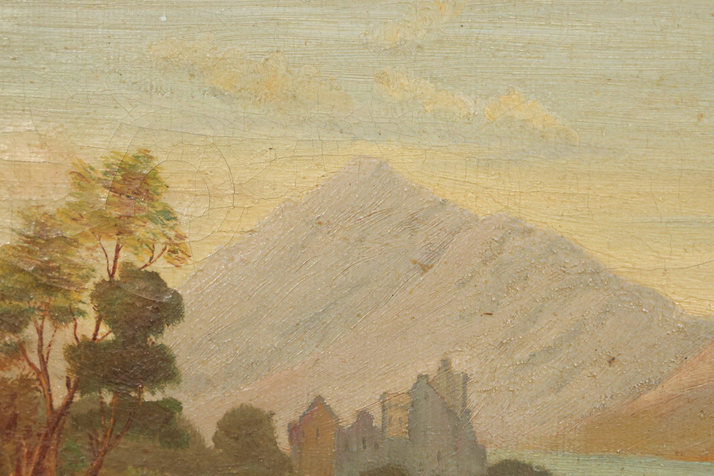 Lot 014 - Antique Oil On Canvas Painting Of A Mountainside Lake Scene With Sailboats, Building At Foot Of Mountain, Likely European, Unsigned, Circa  Mid 19th Century, 17" x 13"