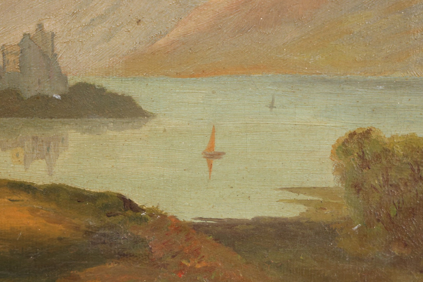 Lot 014 - Antique Oil On Canvas Painting Of A Mountainside Lake Scene With Sailboats, Building At Foot Of Mountain, Likely European, Unsigned, Circa  Mid 19th Century, 17" x 13"
