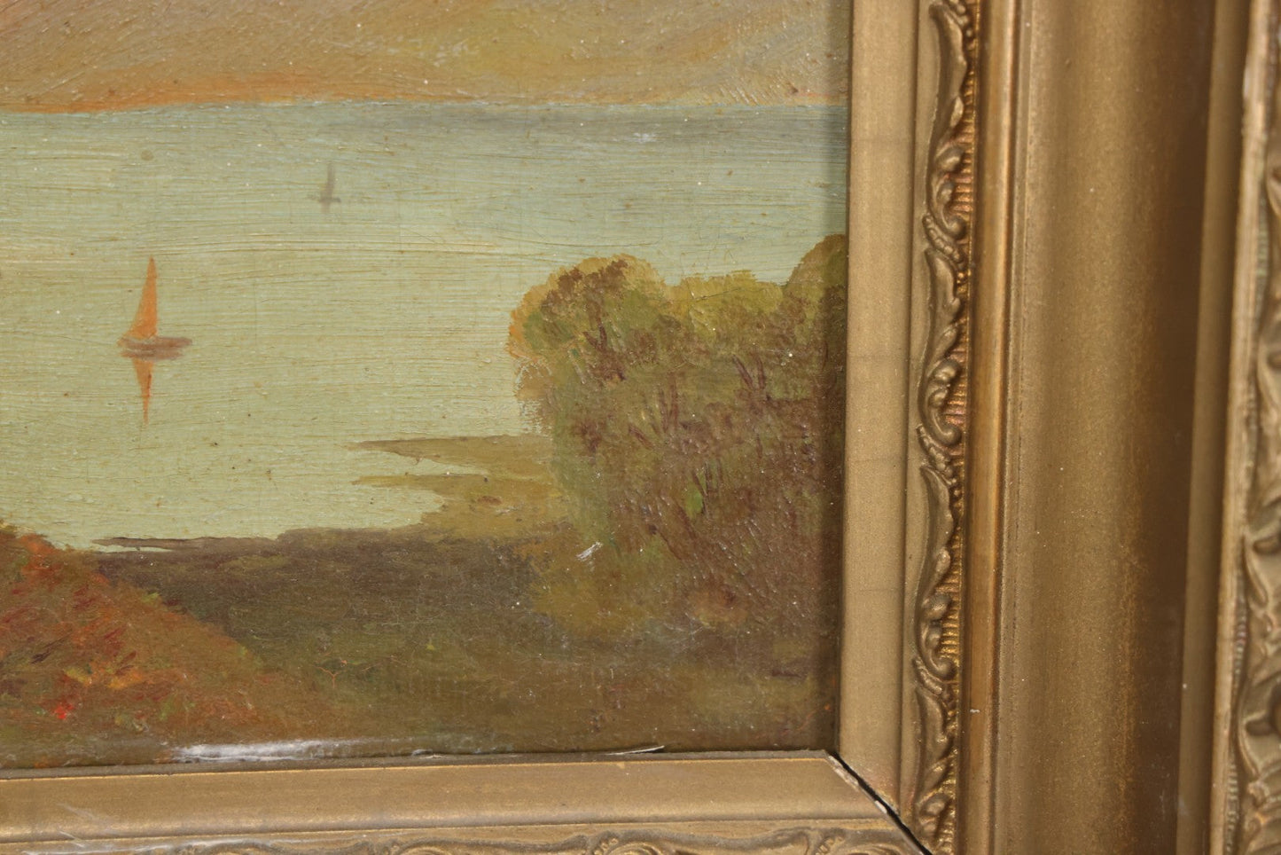 Lot 014 - Antique Oil On Canvas Painting Of A Mountainside Lake Scene With Sailboats, Building At Foot Of Mountain, Likely European, Unsigned, Circa  Mid 19th Century, 17" x 13"