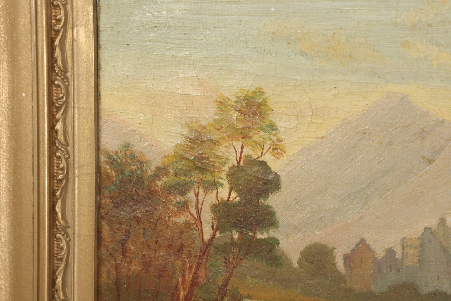 Lot 014 - Antique Oil On Canvas Painting Of A Mountainside Lake Scene With Sailboats, Building At Foot Of Mountain, Likely European, Unsigned, Circa  Mid 19th Century, 17" x 13"