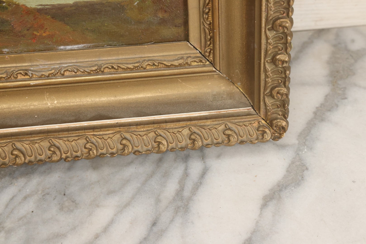 Lot 014 - Antique Oil On Canvas Painting Of A Mountainside Lake Scene With Sailboats, Building At Foot Of Mountain, Likely European, Unsigned, Circa  Mid 19th Century, 17" x 13"