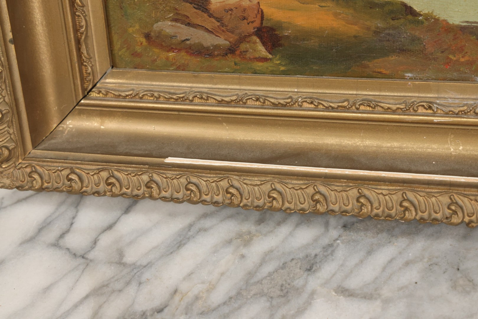 Lot 014 - Antique Oil On Canvas Painting Of A Mountainside Lake Scene With Sailboats, Building At Foot Of Mountain, Likely European, Unsigned, Circa  Mid 19th Century, 17" x 13"