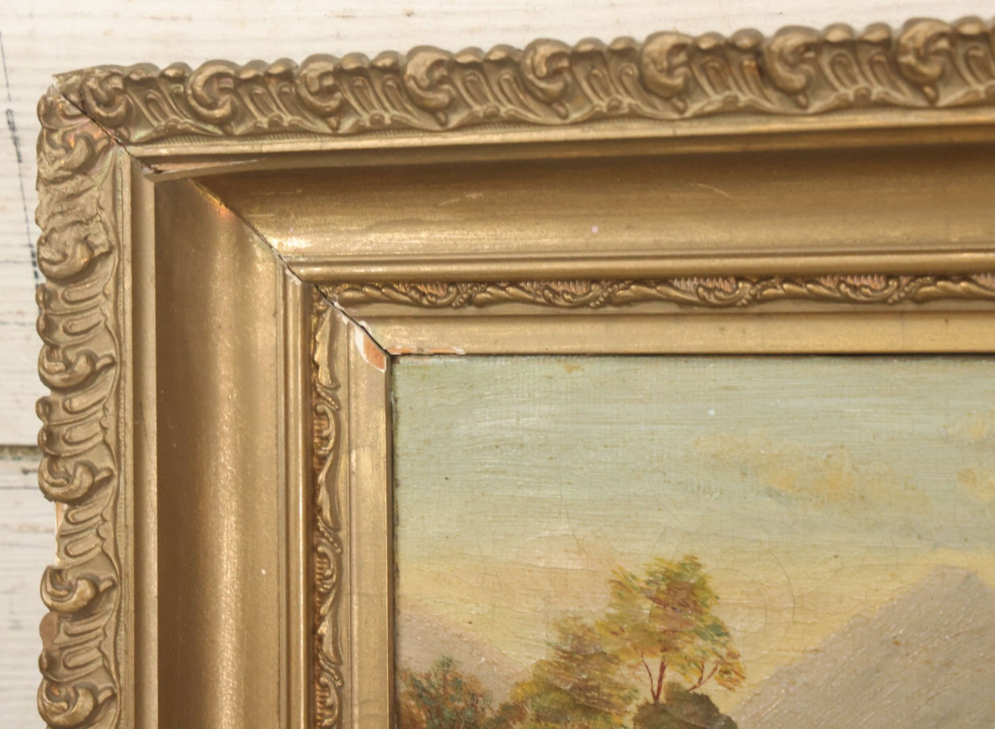 Lot 014 - Antique Oil On Canvas Painting Of A Mountainside Lake Scene With Sailboats, Building At Foot Of Mountain, Likely European, Unsigned, Circa  Mid 19th Century, 17" x 13"