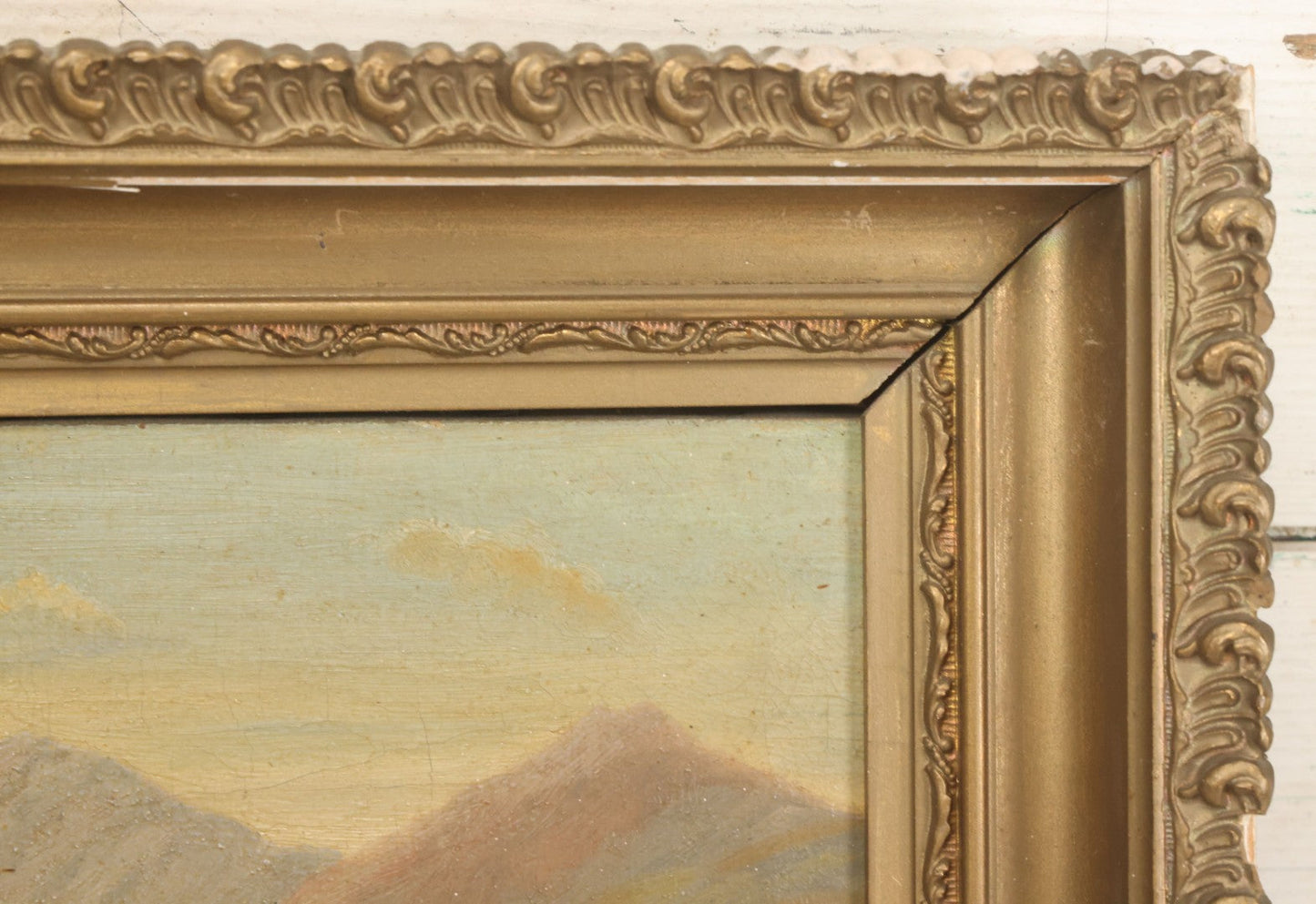 Lot 014 - Antique Oil On Canvas Painting Of A Mountainside Lake Scene With Sailboats, Building At Foot Of Mountain, Likely European, Unsigned, Circa  Mid 19th Century, 17" x 13"