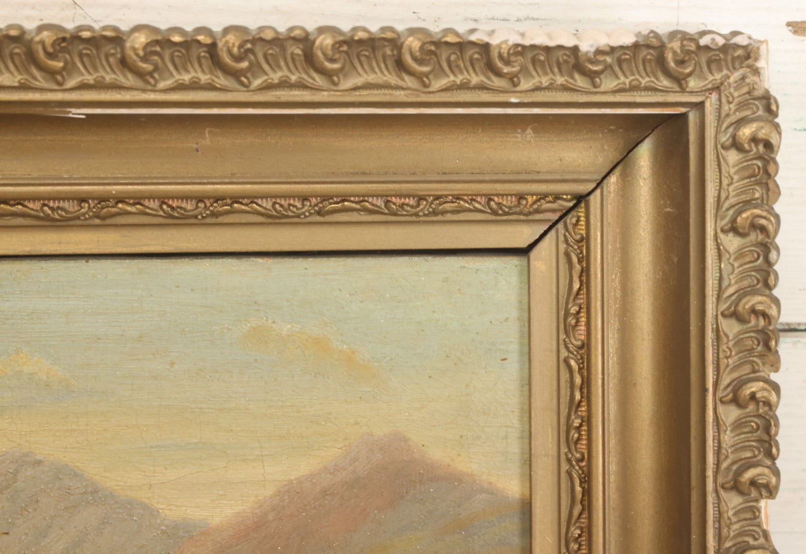 Lot 014 - Antique Oil On Canvas Painting Of A Mountainside Lake Scene With Sailboats, Building At Foot Of Mountain, Likely European, Unsigned, Circa  Mid 19th Century, 17" x 13"