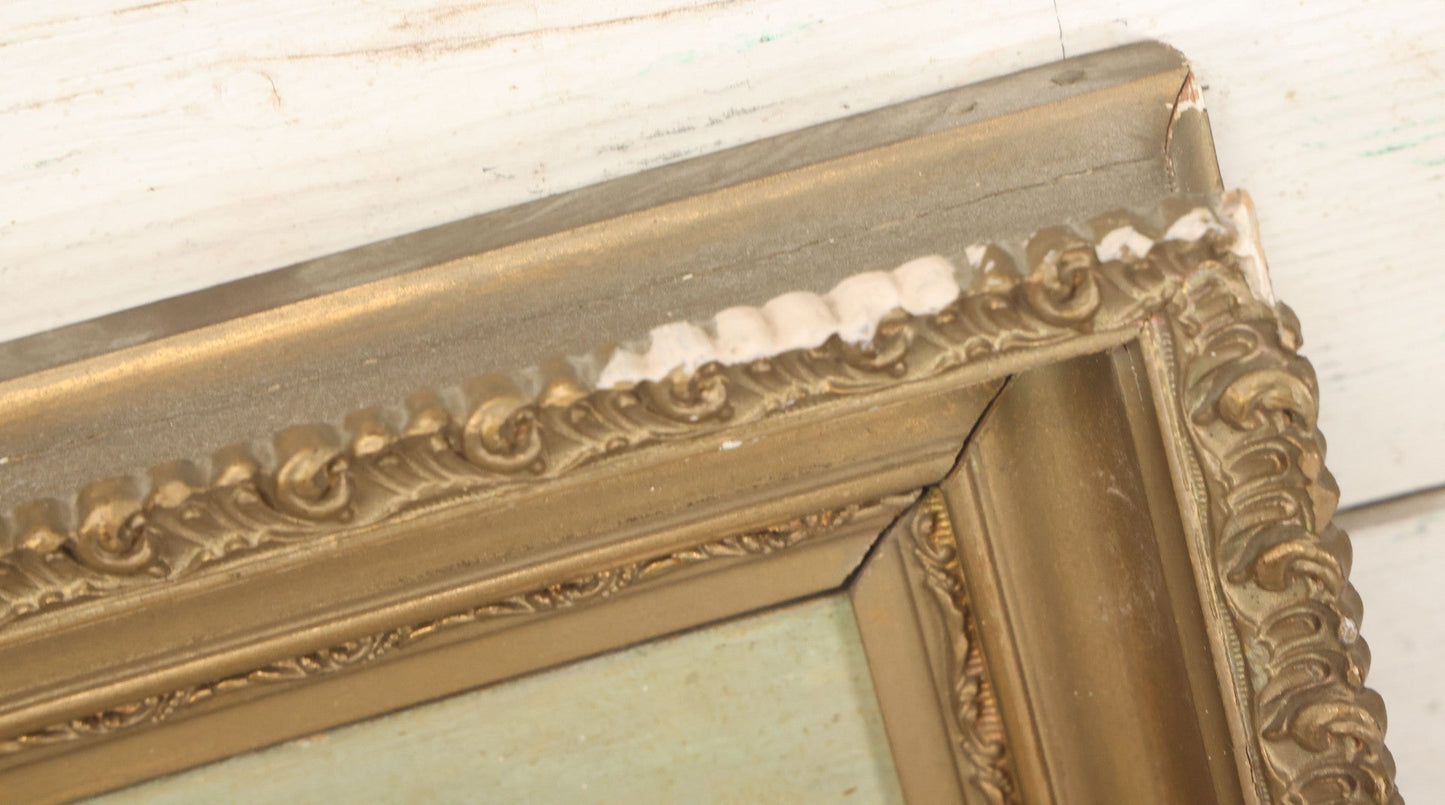 Lot 014 - Antique Oil On Canvas Painting Of A Mountainside Lake Scene With Sailboats, Building At Foot Of Mountain, Likely European, Unsigned, Circa  Mid 19th Century, 17" x 13"