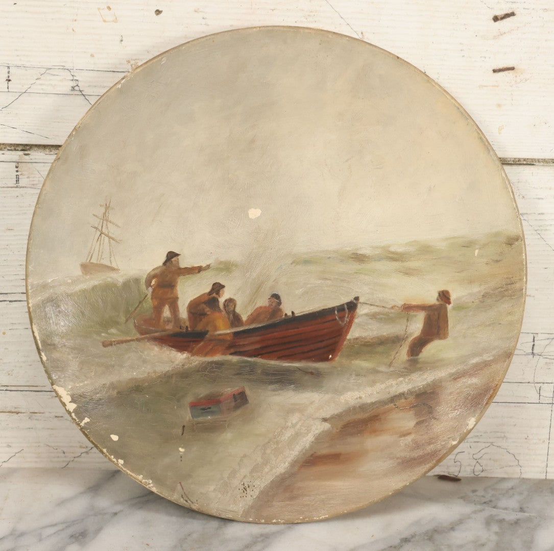 Lot 015 - Antique Painting On Composition Charger, Nautical Scene With Fishermen Arriving At Shore In Dinghy, Tall Ship In Distance, 12" Diameter, Paper Label On Verso, Circa 1880s Note Small Loss At Center Above Horizon