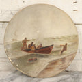 Lot 015 - Antique Painting On Composition Charger, Nautical Scene With Fishermen Arriving At Shore In Dinghy, Tall Ship In Distance, 12" Diameter, Paper Label On Verso, Circa 1880s Note Small Loss At Center Above Horizon