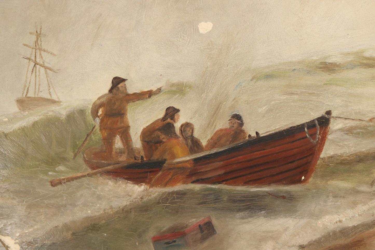 Lot 015 - Antique Painting On Composition Charger, Nautical Scene With Fishermen Arriving At Shore In Dinghy, Tall Ship In Distance, 12" Diameter, Paper Label On Verso, Circa 1880s Note Small Loss At Center Above Horizon