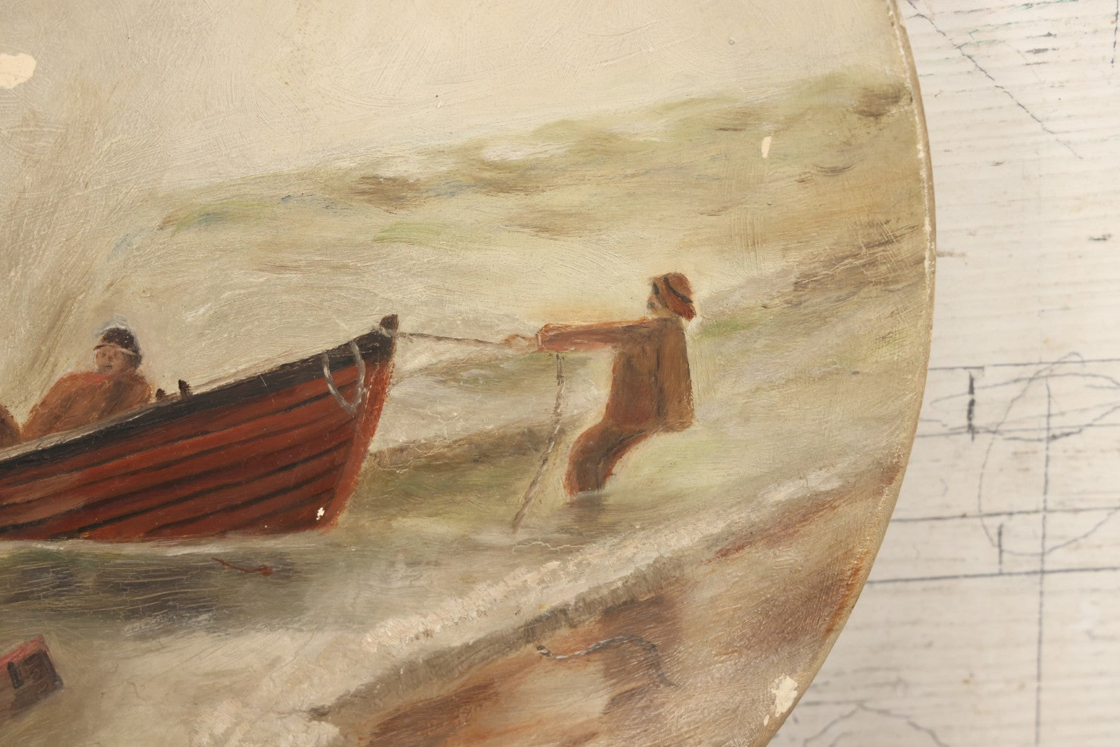 Lot 015 - Antique Painting On Composition Charger, Nautical Scene With Fishermen Arriving At Shore In Dinghy, Tall Ship In Distance, 12" Diameter, Paper Label On Verso, Circa 1880s Note Small Loss At Center Above Horizon