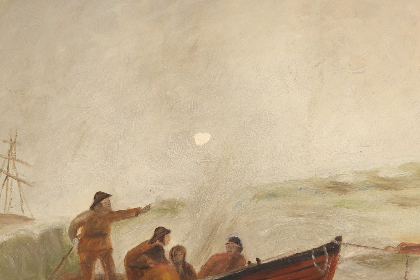 Lot 015 - Antique Painting On Composition Charger, Nautical Scene With Fishermen Arriving At Shore In Dinghy, Tall Ship In Distance, 12" Diameter, Paper Label On Verso, Circa 1880s Note Small Loss At Center Above Horizon