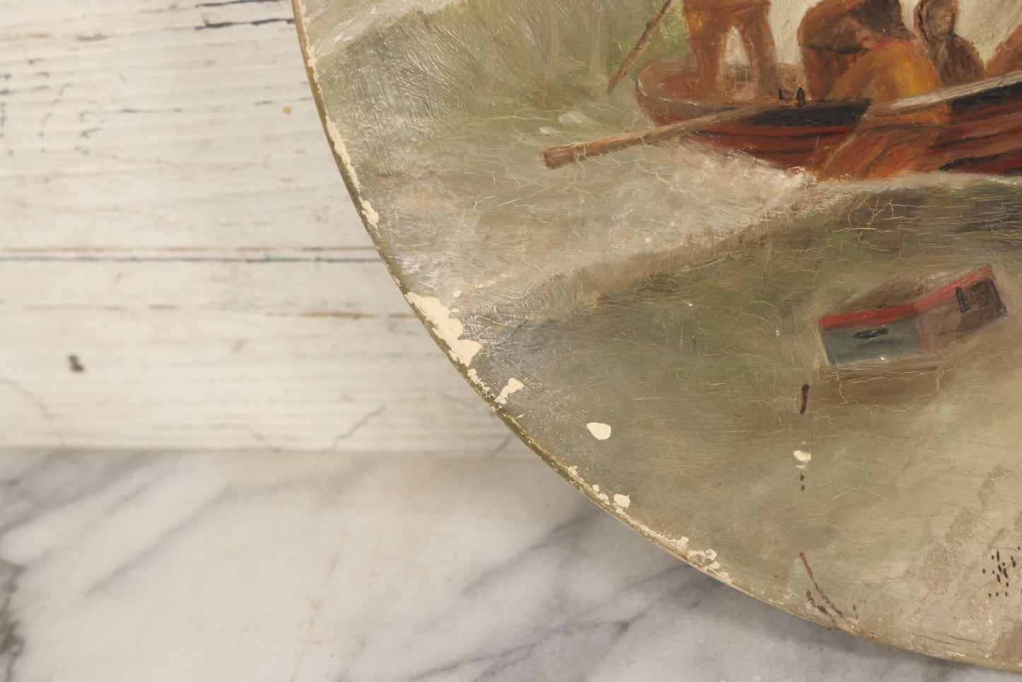 Lot 015 - Antique Painting On Composition Charger, Nautical Scene With Fishermen Arriving At Shore In Dinghy, Tall Ship In Distance, 12" Diameter, Paper Label On Verso, Circa 1880s Note Small Loss At Center Above Horizon