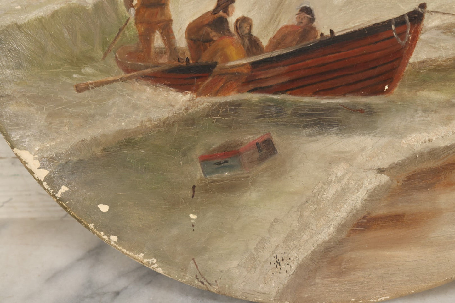 Lot 015 - Antique Painting On Composition Charger, Nautical Scene With Fishermen Arriving At Shore In Dinghy, Tall Ship In Distance, 12" Diameter, Paper Label On Verso, Circa 1880s Note Small Loss At Center Above Horizon