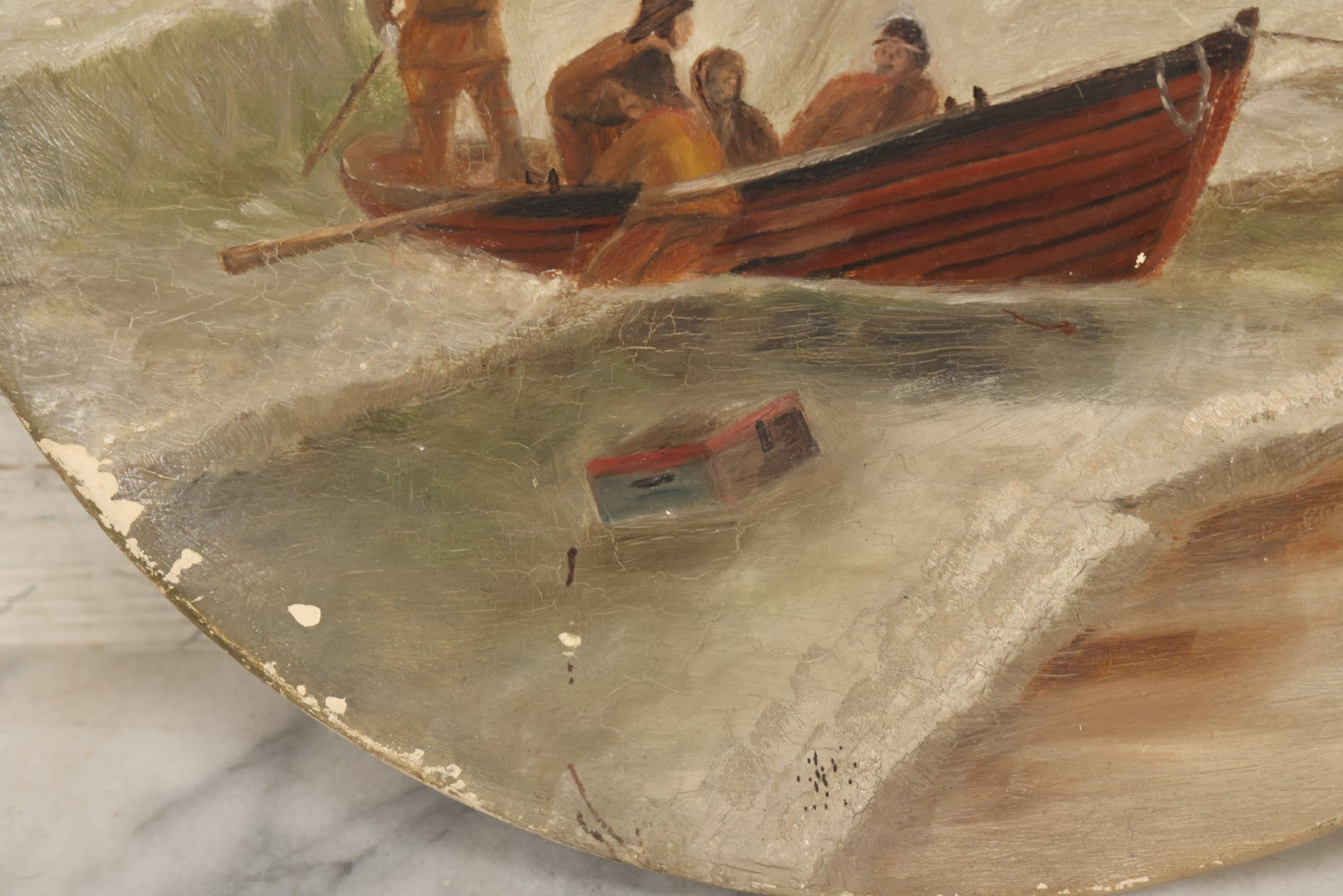 Lot 015 - Antique Painting On Composition Charger, Nautical Scene With Fishermen Arriving At Shore In Dinghy, Tall Ship In Distance, 12" Diameter, Paper Label On Verso, Circa 1880s Note Small Loss At Center Above Horizon