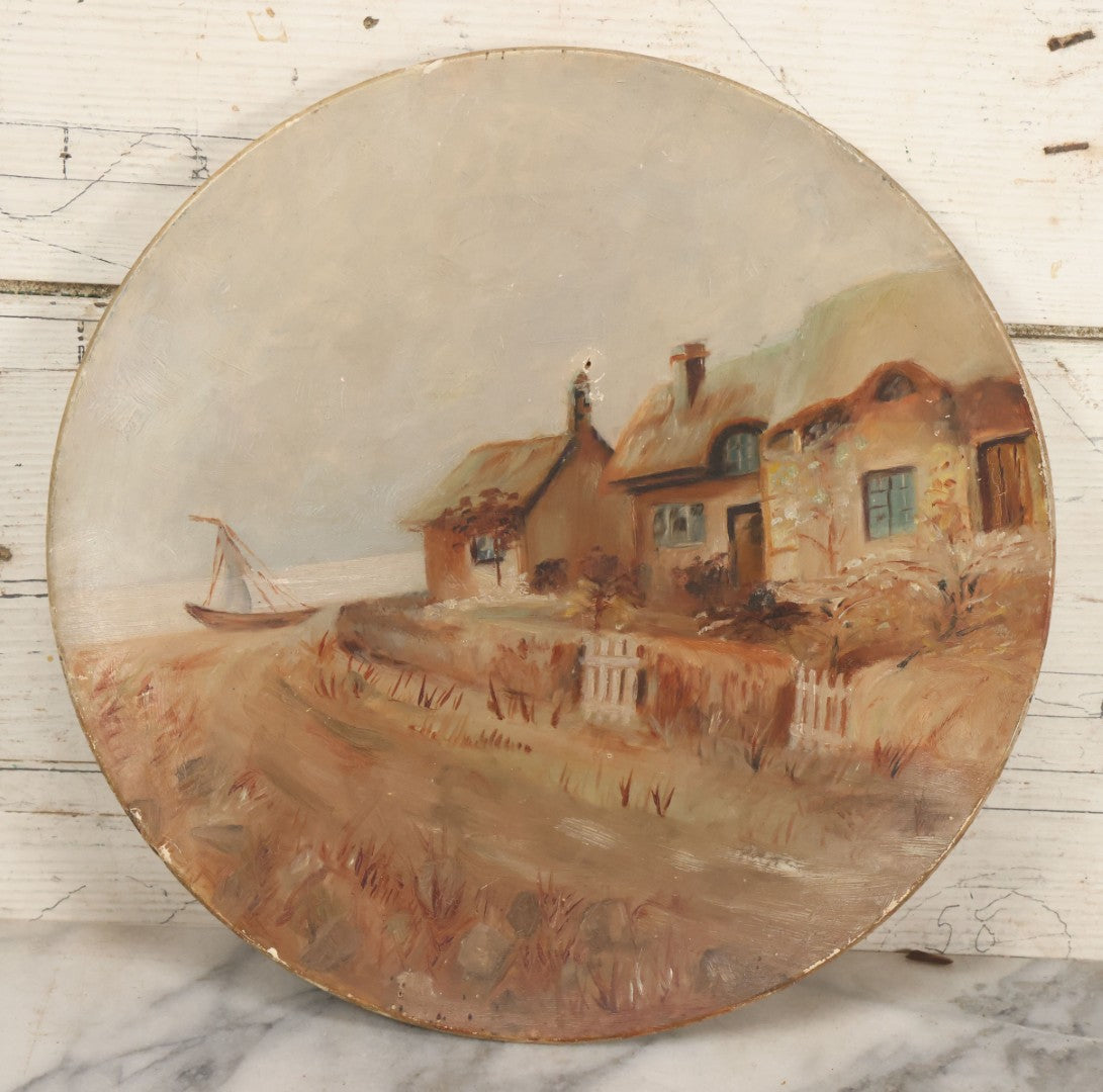 Lot 016 - Antique Painting On Composition Charger, Nautical Scene Seaside Town, Sailboat On Shore, 12" Diameter, Paper Label On Verso, Circa 1880s, Note Pinhole At Center, Missing Hanging Hook On Verso