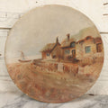 Lot 016 - Antique Painting On Composition Charger, Nautical Scene Seaside Town, Sailboat On Shore, 12" Diameter, Paper Label On Verso, Circa 1880s, Note Pinhole At Center, Missing Hanging Hook On Verso