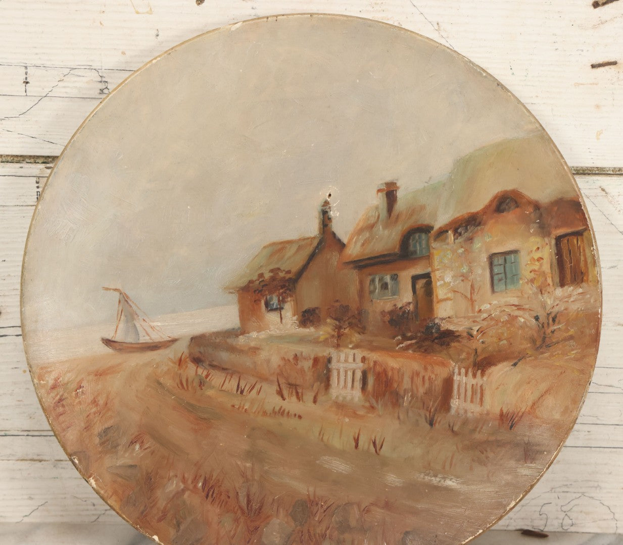 Lot 016 - Antique Painting On Composition Charger, Nautical Scene Seaside Town, Sailboat On Shore, 12" Diameter, Paper Label On Verso, Circa 1880s, Note Pinhole At Center, Missing Hanging Hook On Verso