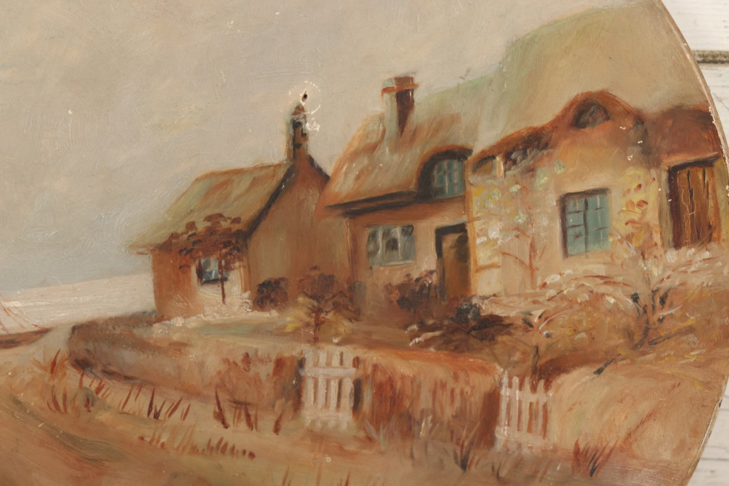 Lot 016 - Antique Painting On Composition Charger, Nautical Scene Seaside Town, Sailboat On Shore, 12" Diameter, Paper Label On Verso, Circa 1880s, Note Pinhole At Center, Missing Hanging Hook On Verso