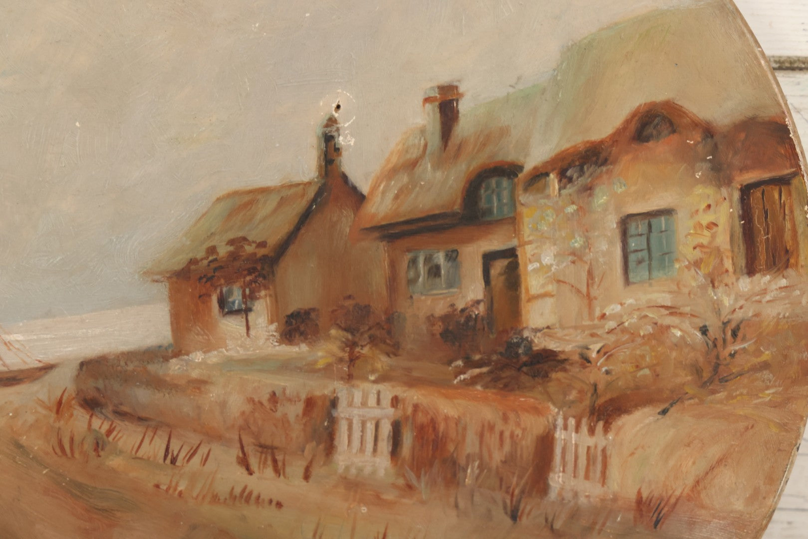 Lot 016 - Antique Painting On Composition Charger, Nautical Scene Seaside Town, Sailboat On Shore, 12" Diameter, Paper Label On Verso, Circa 1880s, Note Pinhole At Center, Missing Hanging Hook On Verso