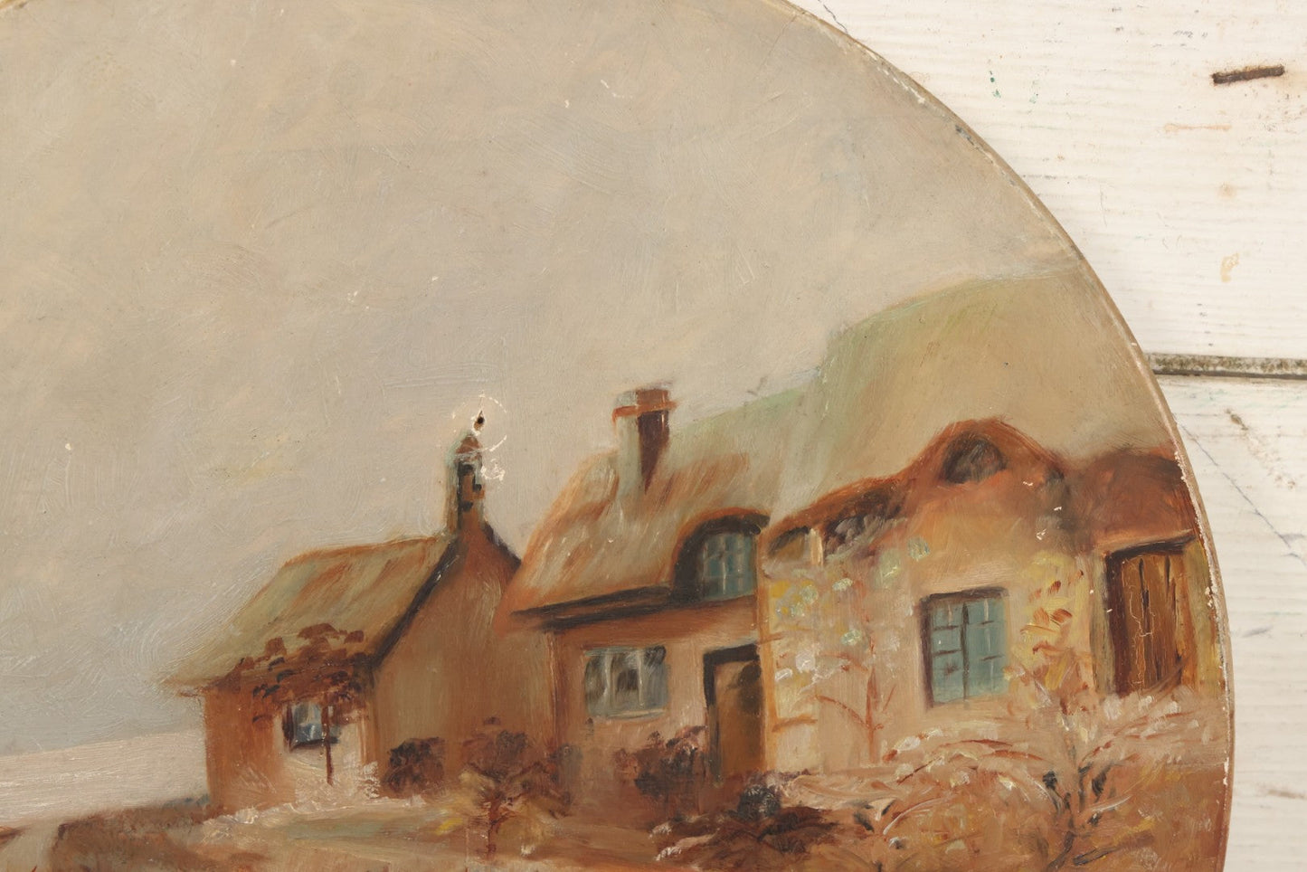 Lot 016 - Antique Painting On Composition Charger, Nautical Scene Seaside Town, Sailboat On Shore, 12" Diameter, Paper Label On Verso, Circa 1880s, Note Pinhole At Center, Missing Hanging Hook On Verso