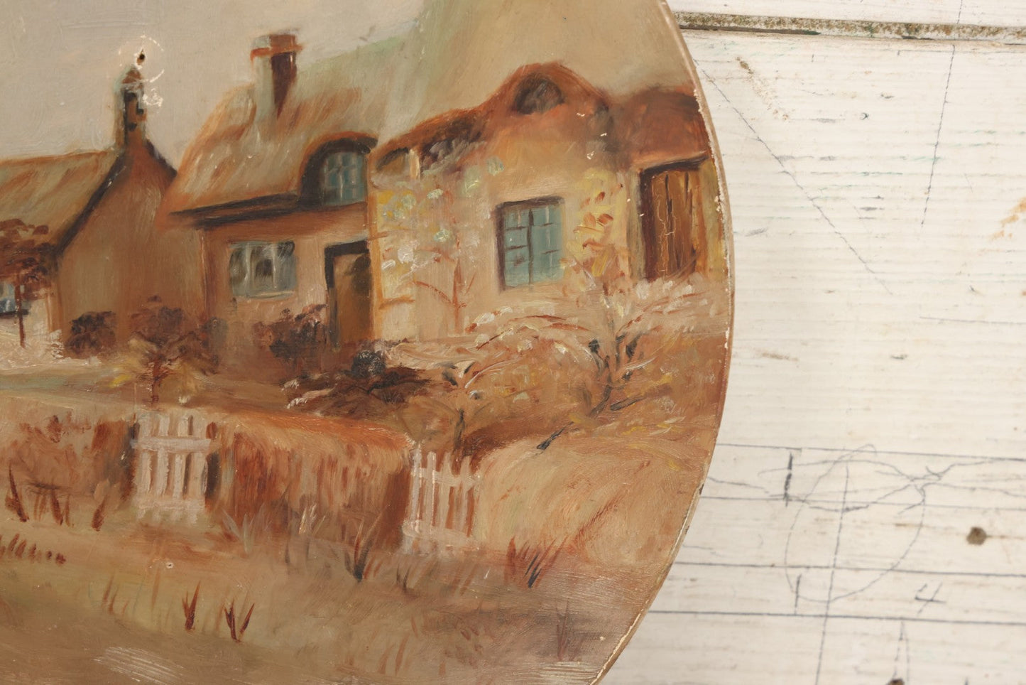 Lot 016 - Antique Painting On Composition Charger, Nautical Scene Seaside Town, Sailboat On Shore, 12" Diameter, Paper Label On Verso, Circa 1880s, Note Pinhole At Center, Missing Hanging Hook On Verso