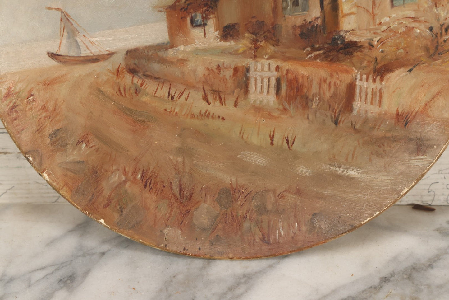 Lot 016 - Antique Painting On Composition Charger, Nautical Scene Seaside Town, Sailboat On Shore, 12" Diameter, Paper Label On Verso, Circa 1880s, Note Pinhole At Center, Missing Hanging Hook On Verso