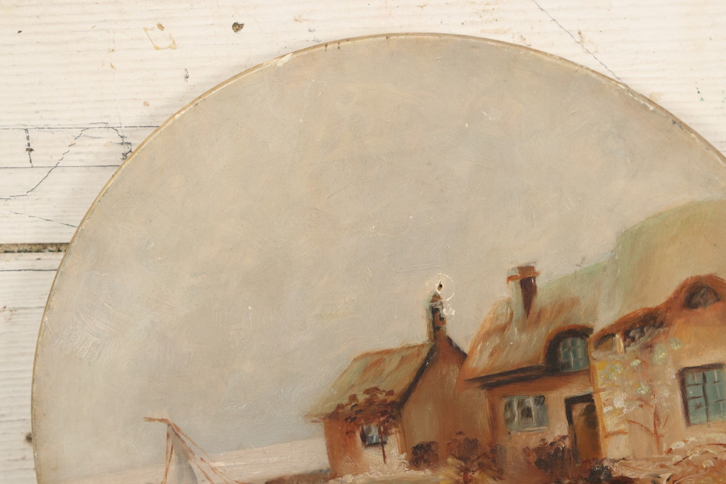 Lot 016 - Antique Painting On Composition Charger, Nautical Scene Seaside Town, Sailboat On Shore, 12" Diameter, Paper Label On Verso, Circa 1880s, Note Pinhole At Center, Missing Hanging Hook On Verso