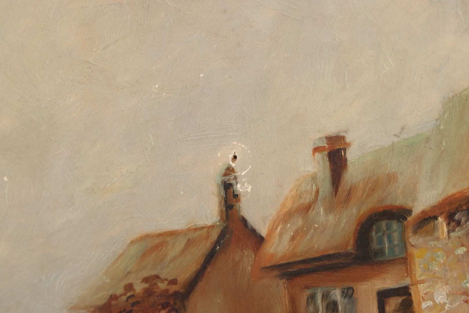 Lot 016 - Antique Painting On Composition Charger, Nautical Scene Seaside Town, Sailboat On Shore, 12" Diameter, Paper Label On Verso, Circa 1880s, Note Pinhole At Center, Missing Hanging Hook On Verso