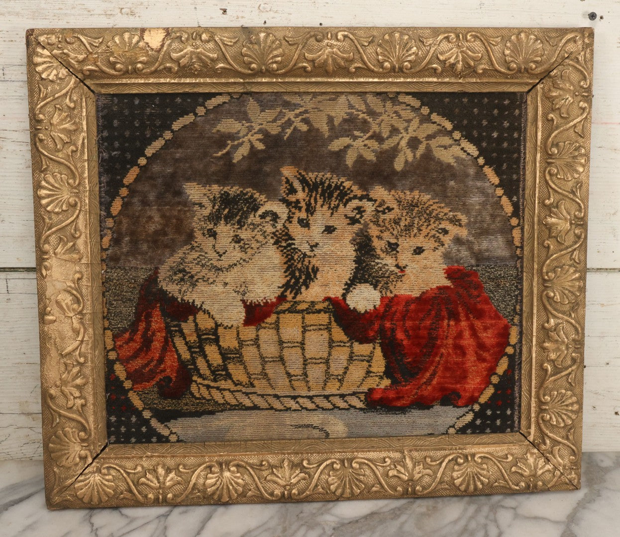 Lot 017 - Vintage Embroidery Of Three Kittens In A Basket With A Red Blanket, Antique Gold Gesso Frame, 21-1/2" x 18-1/4"
