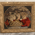 Lot 017 - Vintage Embroidery Of Three Kittens In A Basket With A Red Blanket, Antique Gold Gesso Frame, 21-1/2" x 18-1/4"