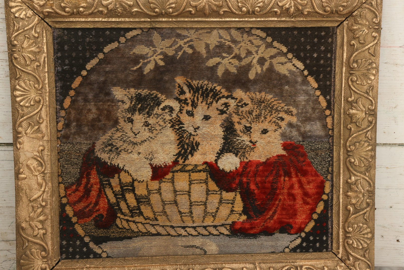 Lot 017 - Vintage Embroidery Of Three Kittens In A Basket With A Red Blanket, Antique Gold Gesso Frame, 21-1/2" x 18-1/4"