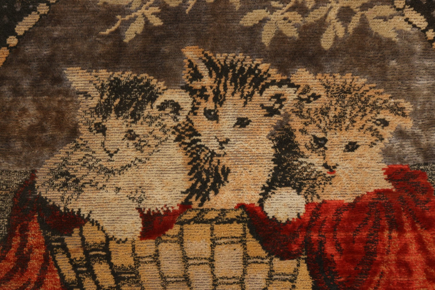 Lot 017 - Vintage Embroidery Of Three Kittens In A Basket With A Red Blanket, Antique Gold Gesso Frame, 21-1/2" x 18-1/4"