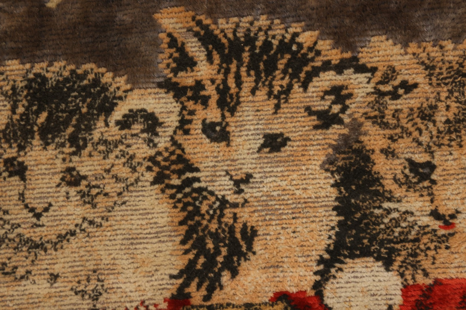 Lot 017 - Vintage Embroidery Of Three Kittens In A Basket With A Red Blanket, Antique Gold Gesso Frame, 21-1/2" x 18-1/4"