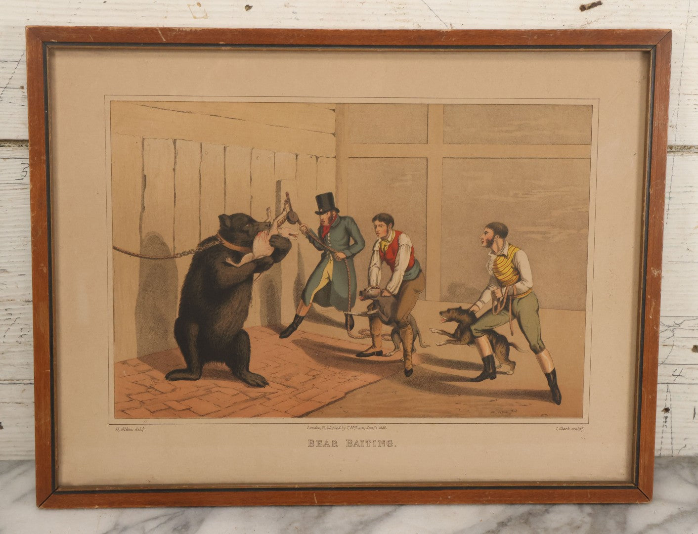 Lot 018 - Antique Hand Colored Lithograph Entitled "Bear Baiting" With Bear Eating, Baited By Dogs, Published By T. Mclean, 1820, Likely A Later Printing, In Frame, 15-3/8" x 11-3/4"