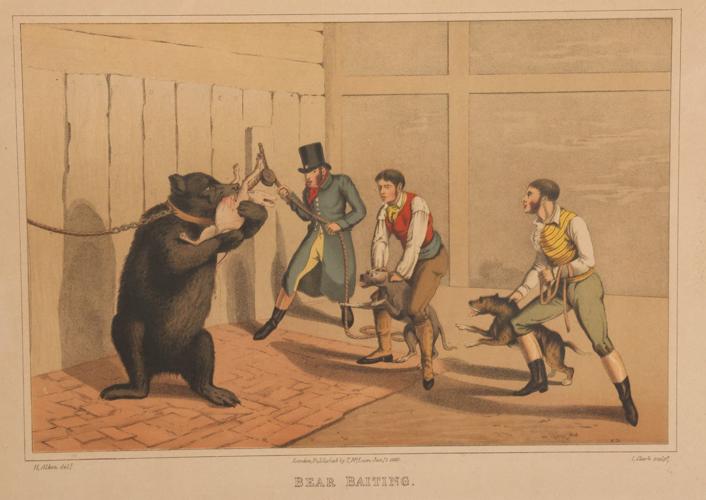 Lot 018 - Antique Hand Colored Lithograph Entitled "Bear Baiting" With Bear Eating, Baited By Dogs, Published By T. Mclean, 1820, Likely A Later Printing, In Frame, 15-3/8" x 11-3/4"