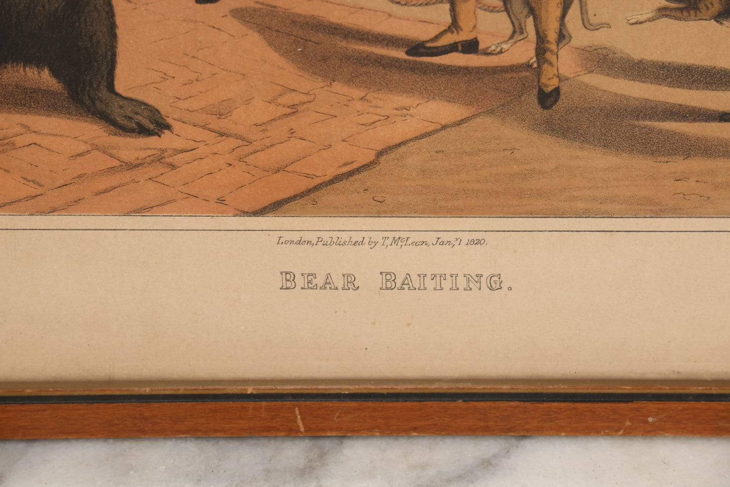 Lot 018 - Antique Hand Colored Lithograph Entitled "Bear Baiting" With Bear Eating, Baited By Dogs, Published By T. Mclean, 1820, Likely A Later Printing, In Frame, 15-3/8" x 11-3/4"