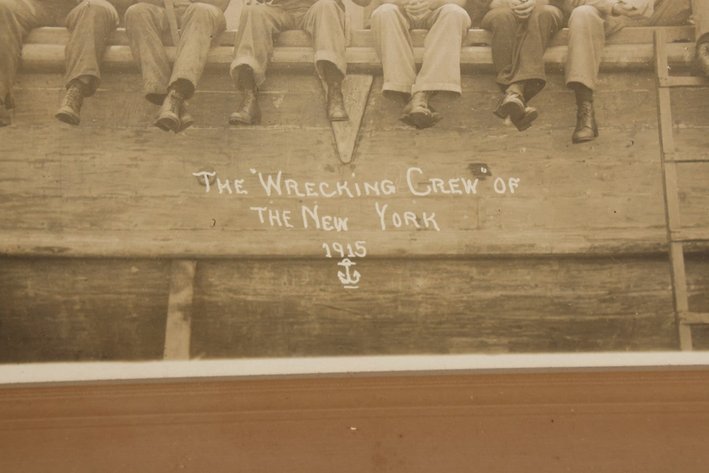 Lot 020 - Antique Boarded Photograph In Frame Of "The 'Wrecking Crew' Of The New York," 1915, Occupational Photos Of Navy Sailors Posing On Ship, With Tools Of The Trade, U.S.S. New York (BB-34), 15-5/8" x 13-5/8"