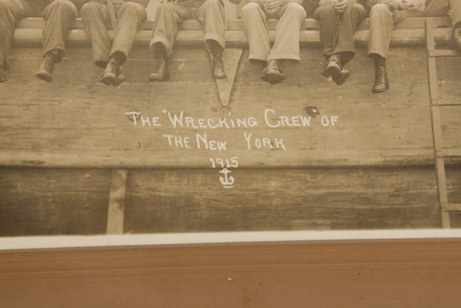 Lot 020 - Antique Boarded Photograph In Frame Of "The 'Wrecking Crew' Of The New York," 1915, Occupational Photos Of Navy Sailors Posing On Ship, With Tools Of The Trade, U.S.S. New York (BB-34), 15-5/8" x 13-5/8"