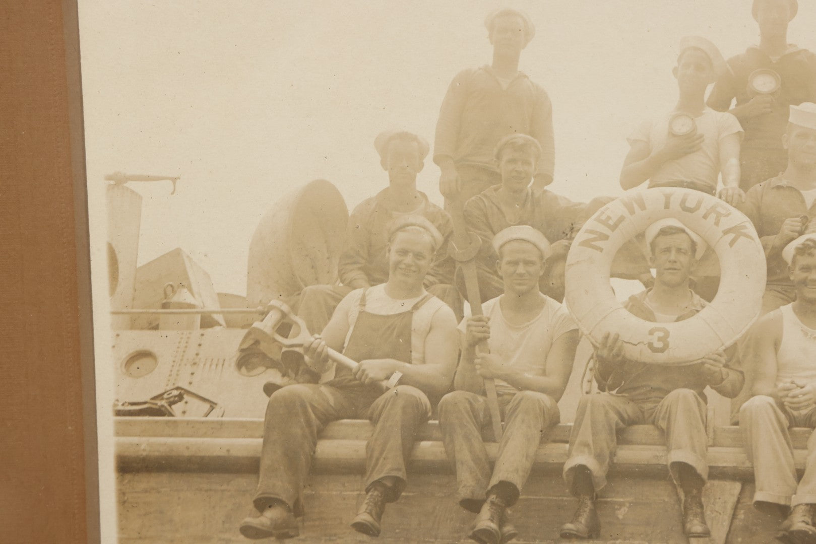 Lot 020 - Antique Boarded Photograph In Frame Of "The 'Wrecking Crew' Of The New York," 1915, Occupational Photos Of Navy Sailors Posing On Ship, With Tools Of The Trade, U.S.S. New York (BB-34), 15-5/8" x 13-5/8"