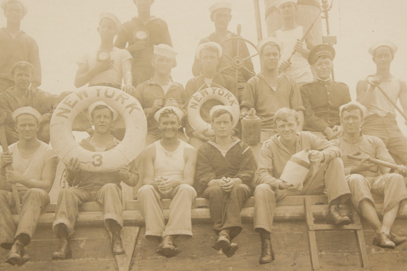 Lot 020 - Antique Boarded Photograph In Frame Of "The 'Wrecking Crew' Of The New York," 1915, Occupational Photos Of Navy Sailors Posing On Ship, With Tools Of The Trade, U.S.S. New York (BB-34), 15-5/8" x 13-5/8"