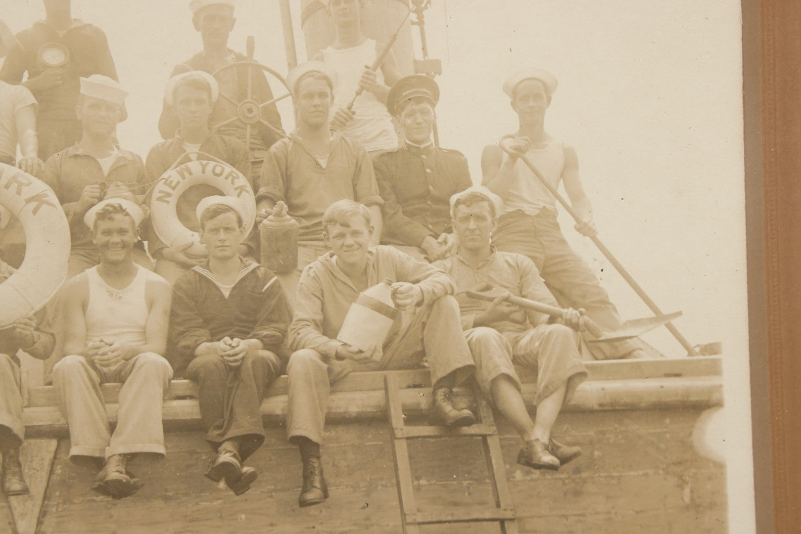 Lot 020 - Antique Boarded Photograph In Frame Of "The 'Wrecking Crew' Of The New York," 1915, Occupational Photos Of Navy Sailors Posing On Ship, With Tools Of The Trade, U.S.S. New York (BB-34), 15-5/8" x 13-5/8"