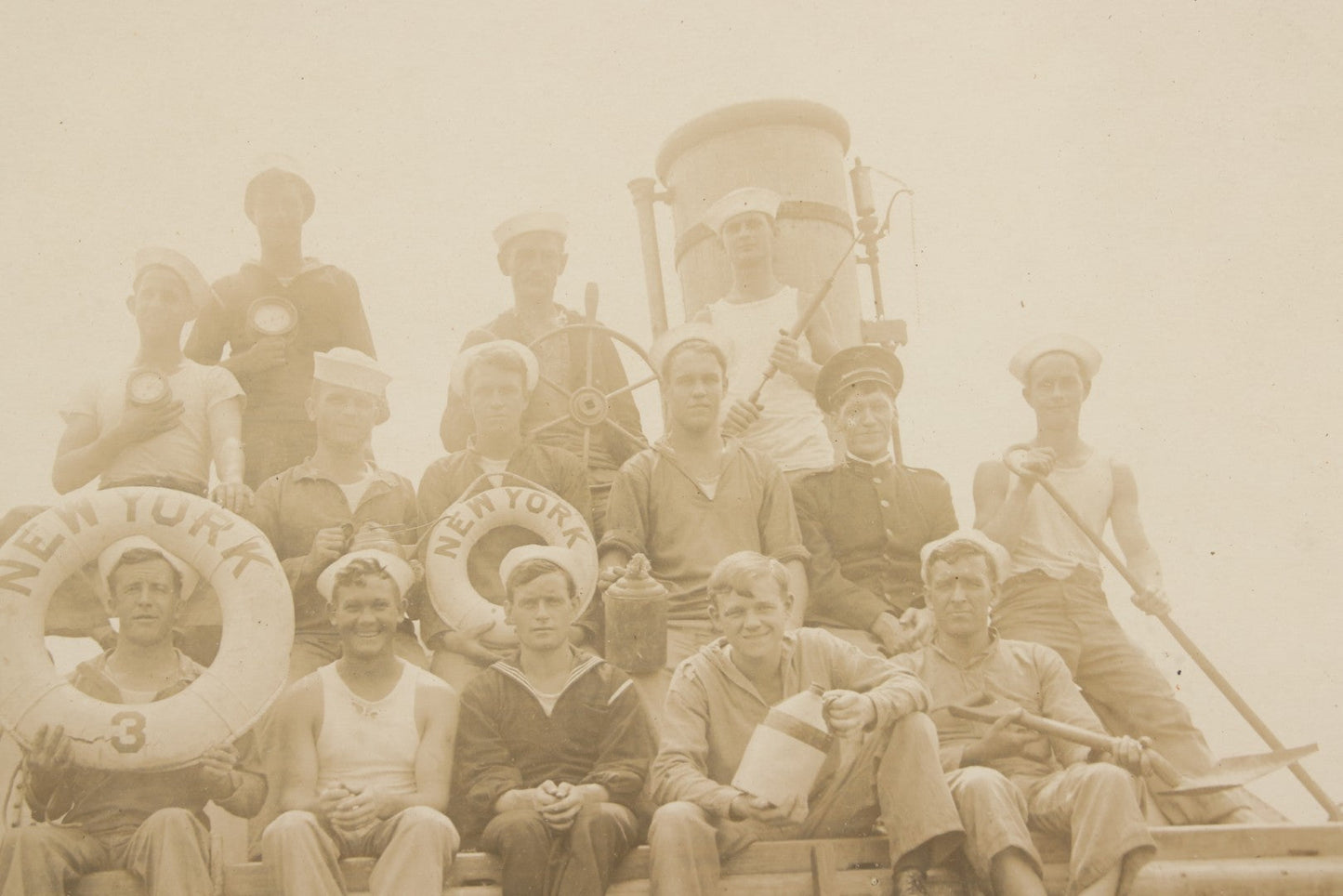 Lot 020 - Antique Boarded Photograph In Frame Of "The 'Wrecking Crew' Of The New York," 1915, Occupational Photos Of Navy Sailors Posing On Ship, With Tools Of The Trade, U.S.S. New York (BB-34), 15-5/8" x 13-5/8"