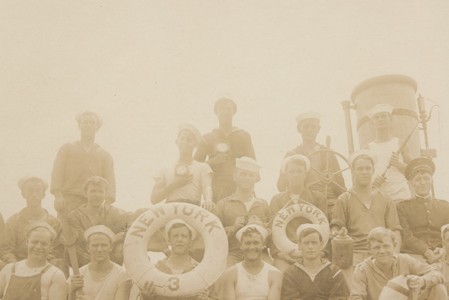 Lot 020 - Antique Boarded Photograph In Frame Of "The 'Wrecking Crew' Of The New York," 1915, Occupational Photos Of Navy Sailors Posing On Ship, With Tools Of The Trade, U.S.S. New York (BB-34), 15-5/8" x 13-5/8"