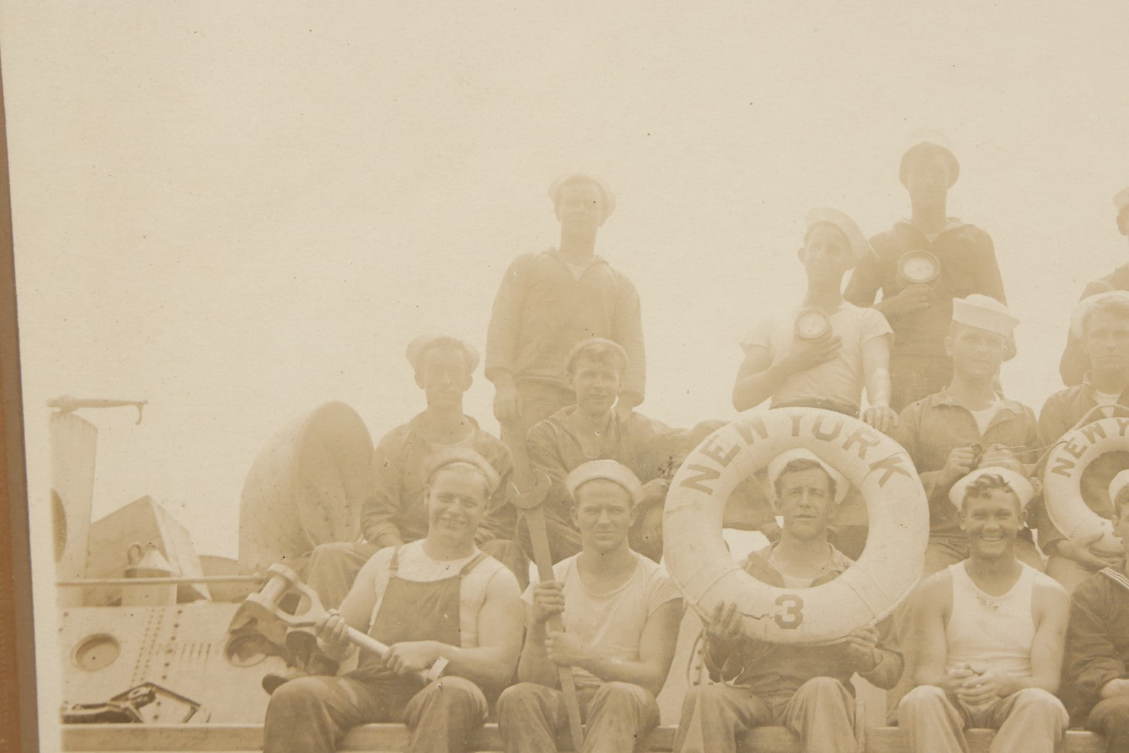 Lot 020 - Antique Boarded Photograph In Frame Of "The 'Wrecking Crew' Of The New York," 1915, Occupational Photos Of Navy Sailors Posing On Ship, With Tools Of The Trade, U.S.S. New York (BB-34), 15-5/8" x 13-5/8"