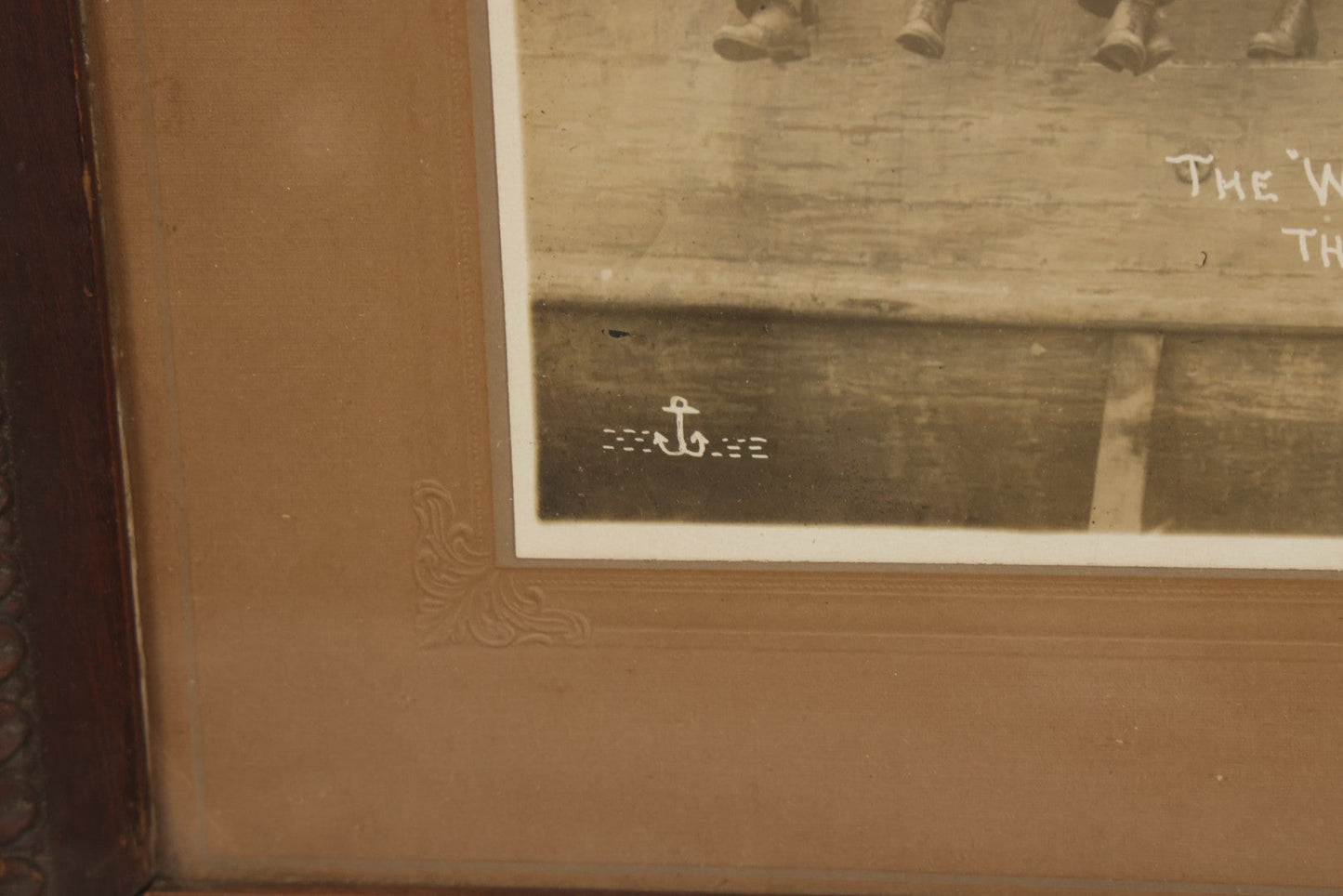 Lot 020 - Antique Boarded Photograph In Frame Of "The 'Wrecking Crew' Of The New York," 1915, Occupational Photos Of Navy Sailors Posing On Ship, With Tools Of The Trade, U.S.S. New York (BB-34), 15-5/8" x 13-5/8"