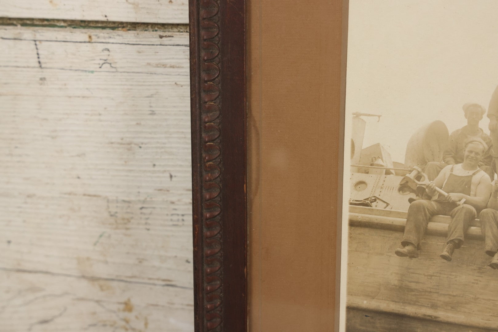 Lot 020 - Antique Boarded Photograph In Frame Of "The 'Wrecking Crew' Of The New York," 1915, Occupational Photos Of Navy Sailors Posing On Ship, With Tools Of The Trade, U.S.S. New York (BB-34), 15-5/8" x 13-5/8"