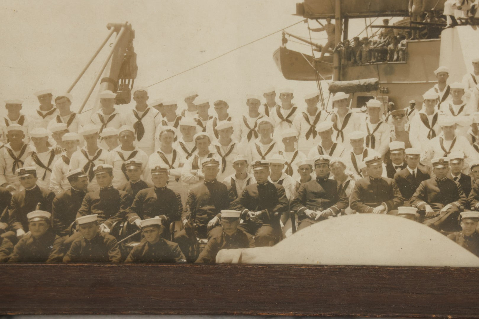 Lot 021 - Antique Framed Photograph Of The Crew Of A U.S. Navy Battleship With Sailors And Officers On Deck, With Gun Turret, 20-1/2" x 12-1/4"